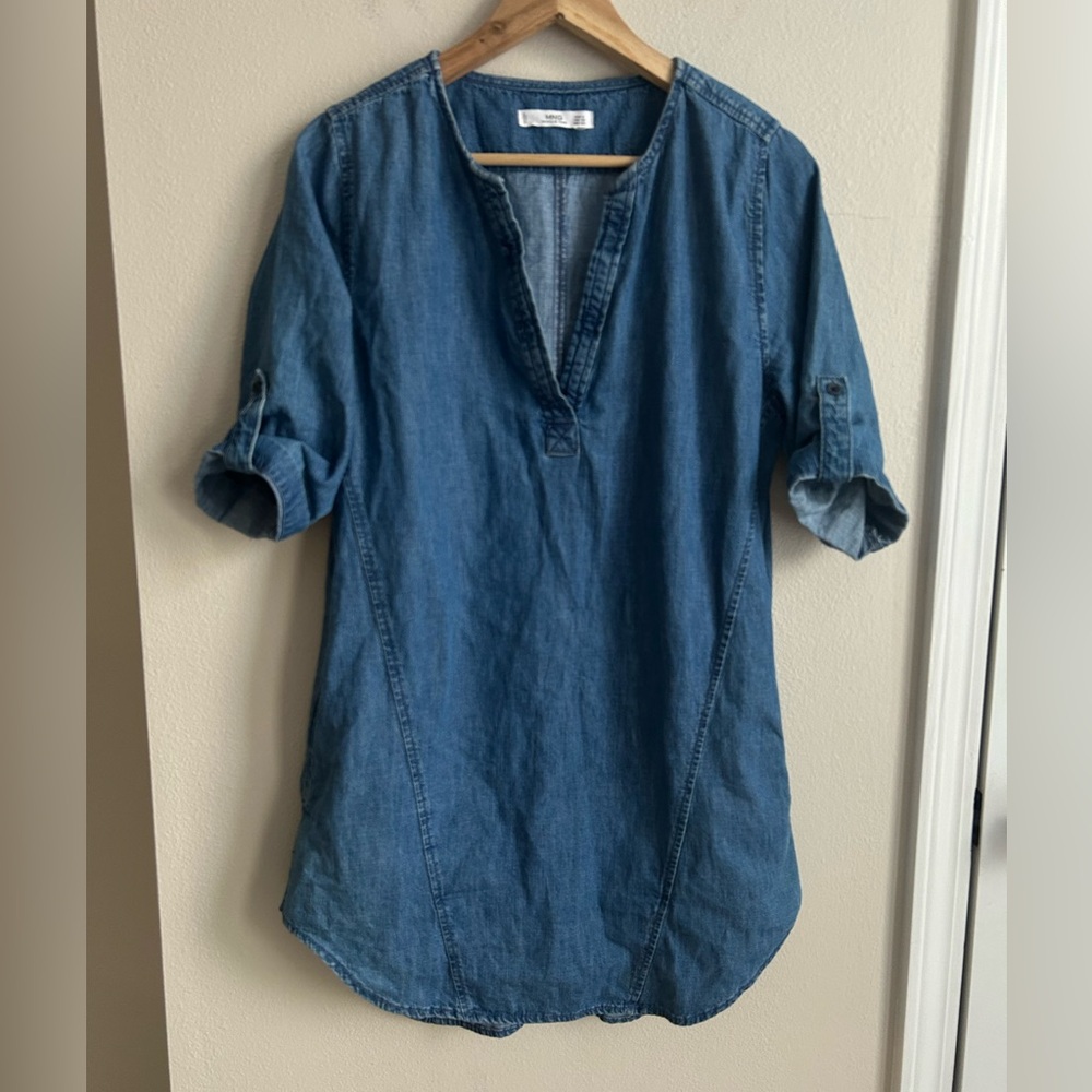MANGO MNG Denim Tunic Top Dress With Pockets V Neck Cuffed Sleeves Size XS